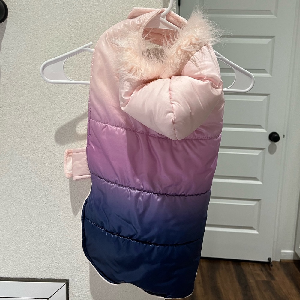 Pink and Blue Gradient Dog Jacket with Faux Fur Hood